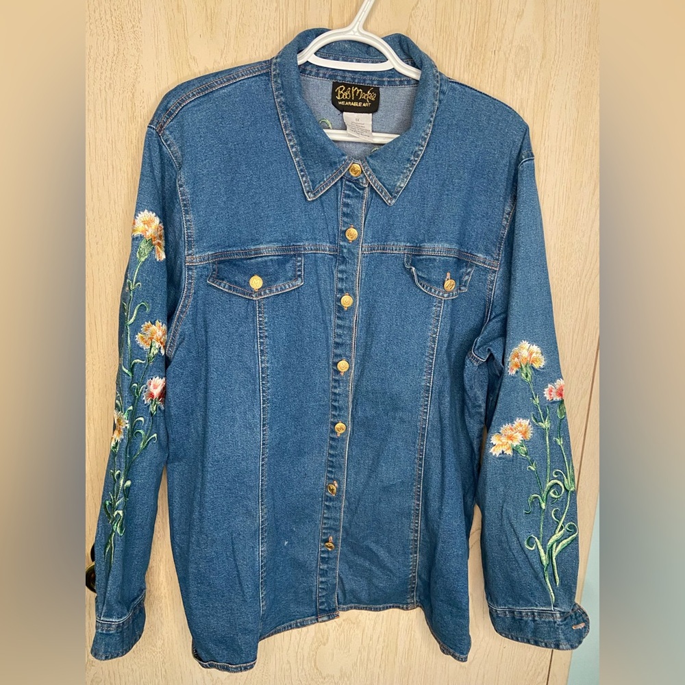 Bob Mackie Blue Denim Button-Down Shirt with Floral Embroidery